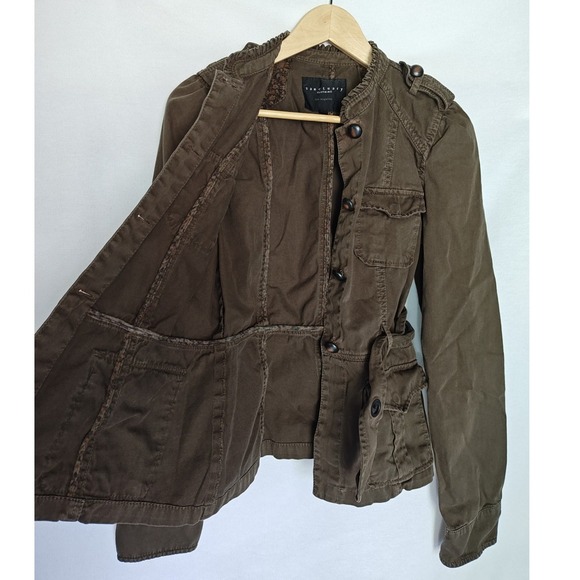Sanctuary Clothing Military Style Jacket Brown Green Utility Belted Ruffle S M - Picture 4 of 9